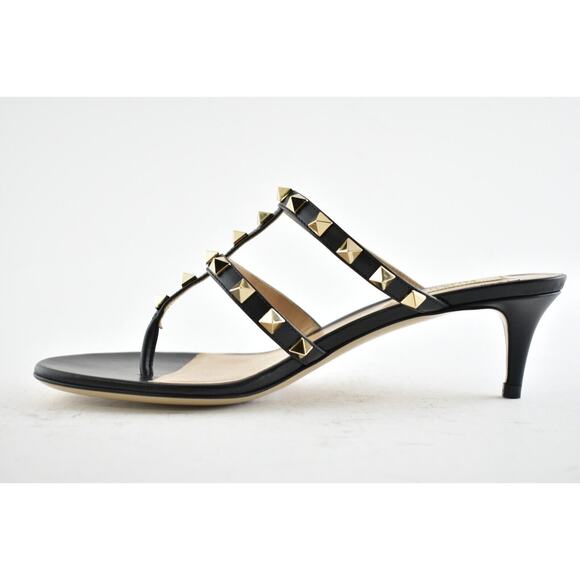 Valentino Rockstud 50 Black Thong Backless Cage Strap Sandal Kitten Heel Pump 37 - Picture 9 of 12